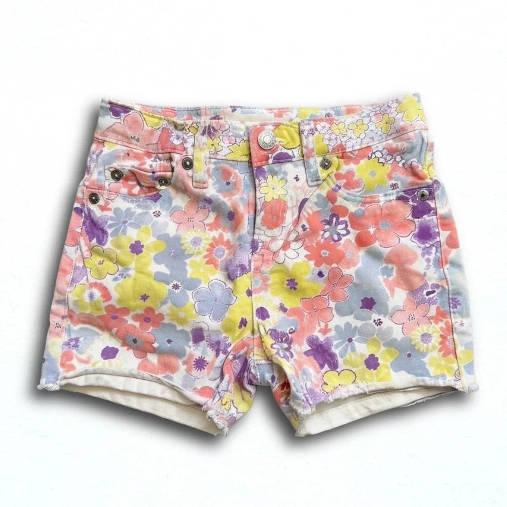 Levis Girls Floral Girlfriend Shorts Size 8 Reg Multi Color Raw Hem Denim